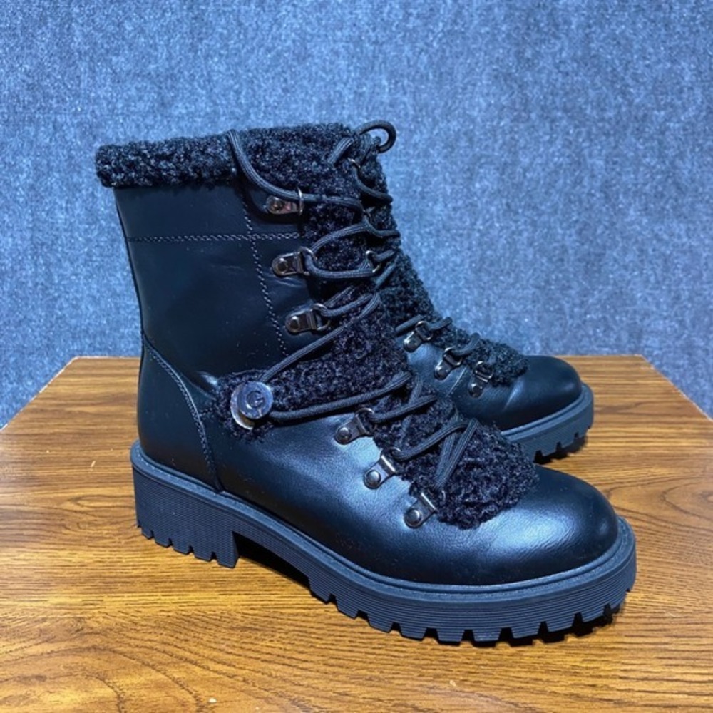 GBG Guess GGSherry Womens Black Faux Leather Shearling Trim Combat Lug Boots 7.5